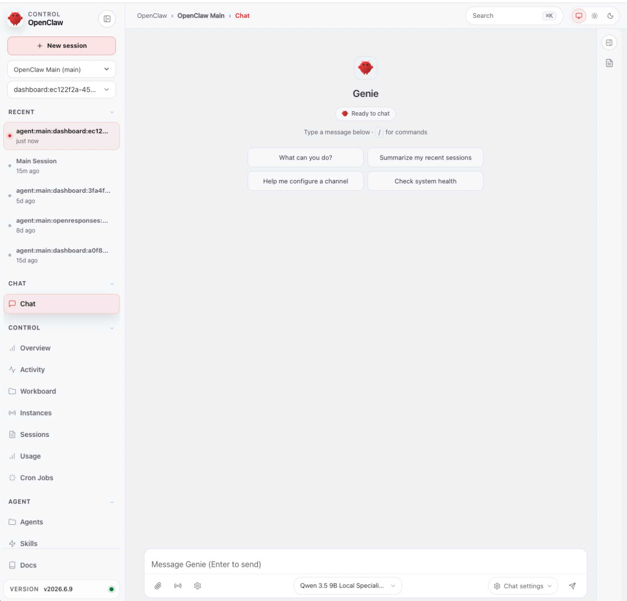 Current Genie OpenClaw local orchestration and research workspace screenshot.