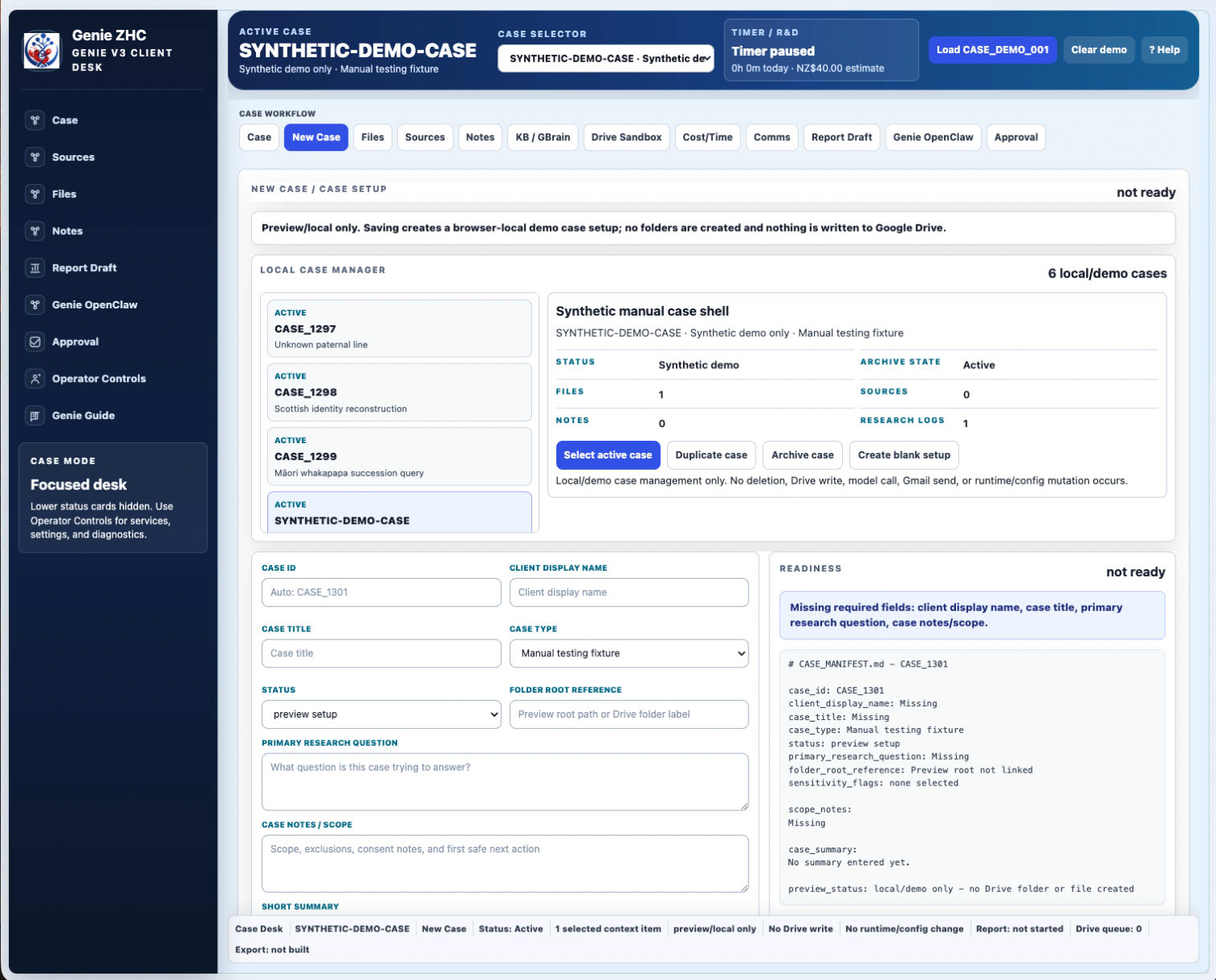 Current Genie V3 UI local operator prototype screenshot.